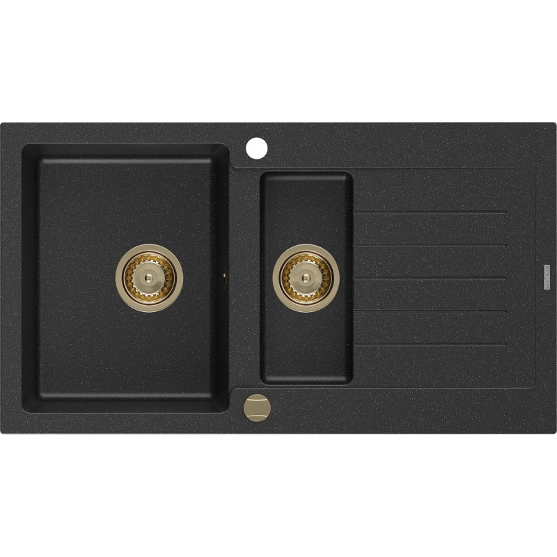 Mexen Matias granitische spoelbak 1,5-kamer met afdruiprek 900 x 505 mm, zwart/zilver metallic, gouden sifon - 6502901505-73-G