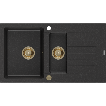 Mexen Matias Granitspüle 1,5-Becken mit Abtropffläche 900 x 505 mm, schwarz/silber metallic, goldener Siphon - 6502901505-73-G