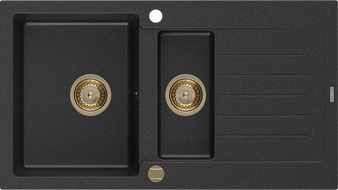 Mexen Matias granieten spoelbak 1,5-komor met afdruiprek 900 x 505 mm, zwart/zilveren metallic, gouden sifon - 6502901505-73-G