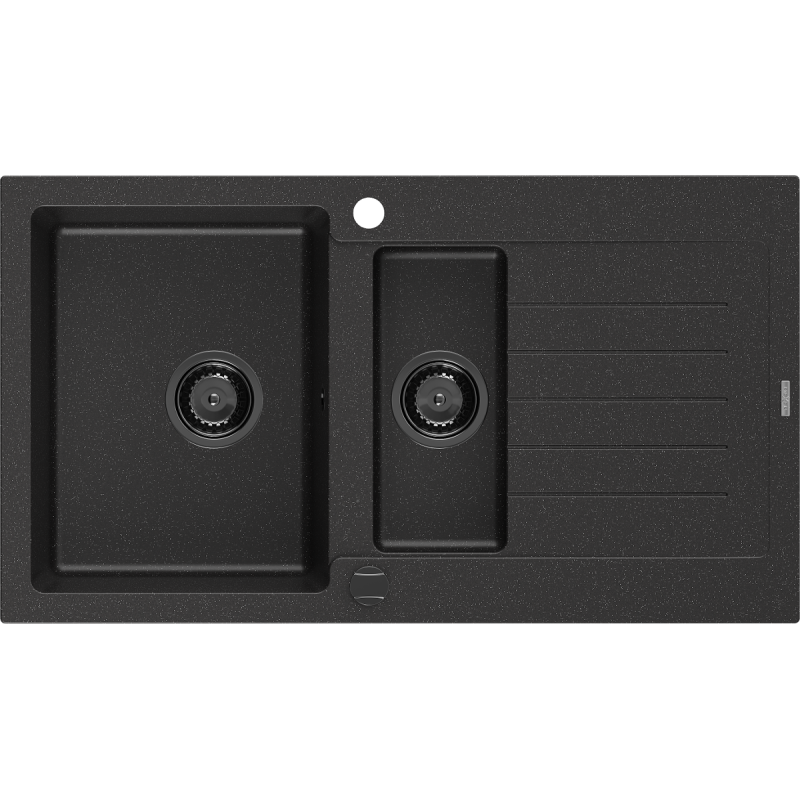 Mexen Matias fregadero de granito 1,5 senos con escurridor 900 x 505 mm negro/plateado metálico, sifón negro - 6502901505-73-B
