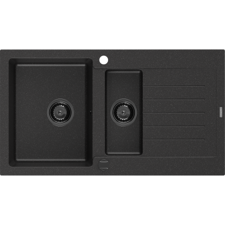 Mexen Matias granieten spoelbak met 1,5 kamer en afdruiprek 900 x 505 mm zwart/zilver metallic, zwarte sifon - 6502901505-73-B