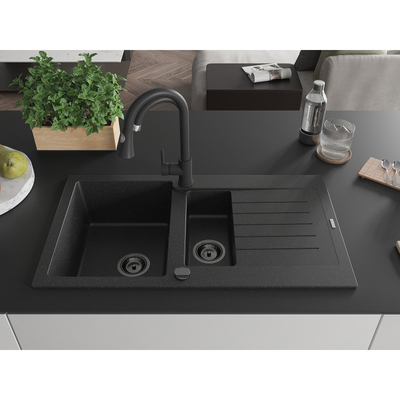 Mexen Matias Granitspüle 1,5-Kammer mit Abtropffläche 900 x 505 mm schwarz/silber Metallic, schwarzer Siphon - 6502901505-73-B