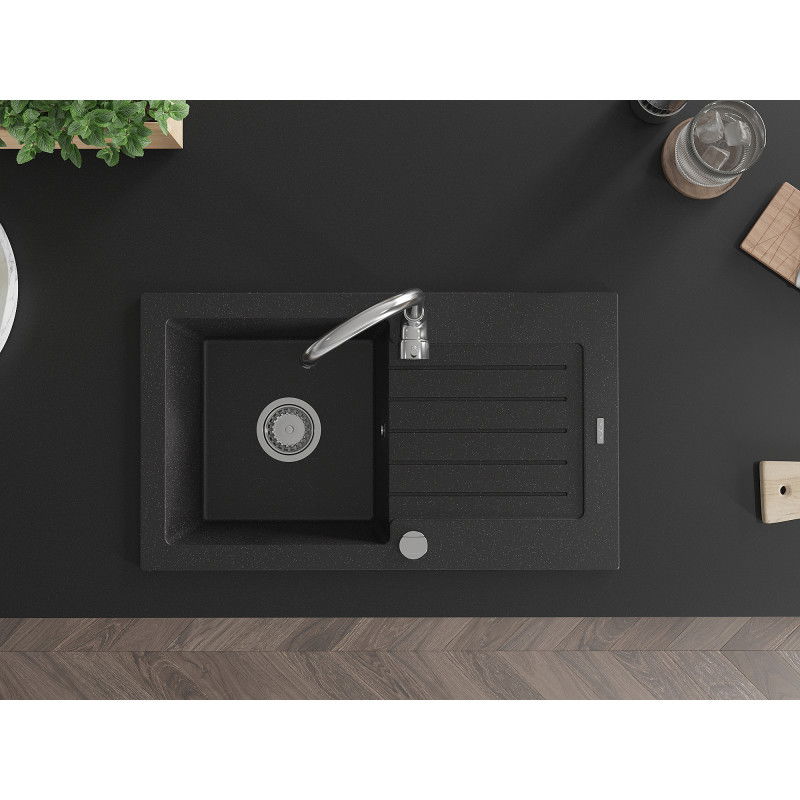 Mexen Pablo granitische gootsteen met 1 bak en afdruiprek 752 x 436 mm, zwart/zilveren metallic, chroom sifon - 6510751010-73