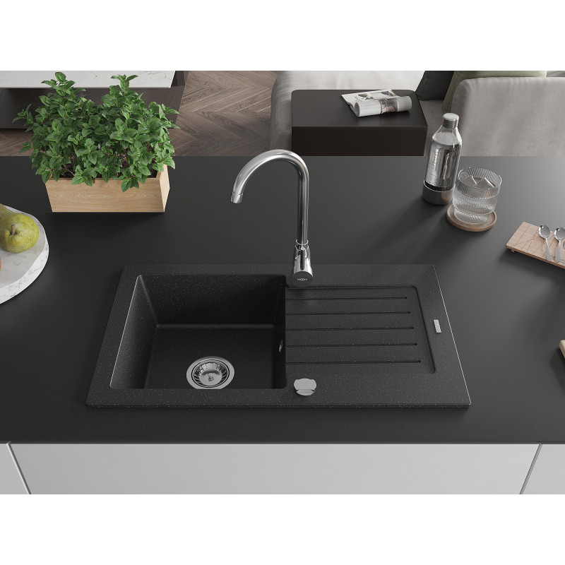Mexen Pablo 1-Becken Granitspüle mit Abtropffläche 752 x 436 mm, schwarz/silber metallisch, Siphon Chrom - 6510751010-73