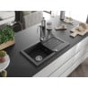 Mexen Pablo évier en granit 1 bac avec égouttoir 752 x 436 mm, noir/métallisé argent, siphon chromé - 6510751010-73