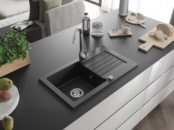 Mexen Pablo Granitspüle mit 1 Becken und Abtropffläche 752 x 436 mm, Schwarz/Silber Metallic, Chrom-Siphon - 6510751010-73
