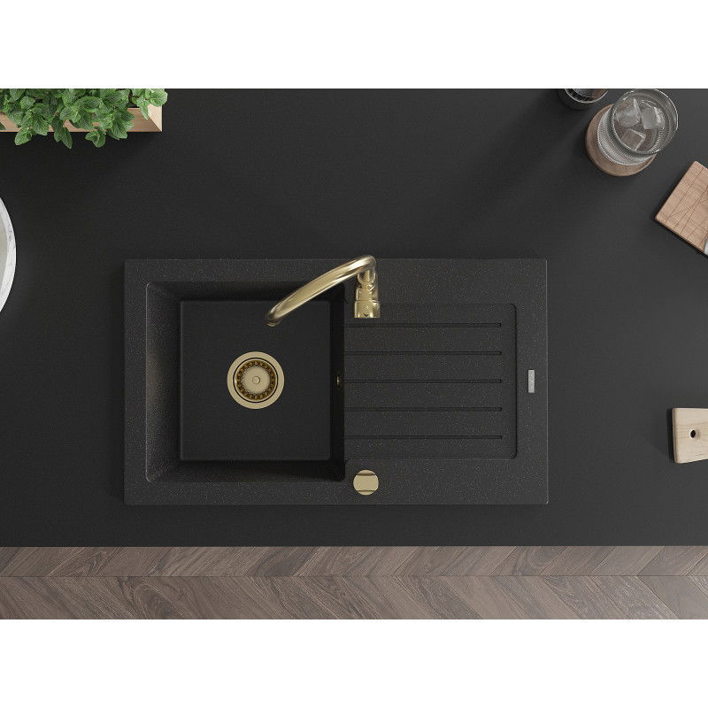 Mexen Pablo fregadero de granito de 1 seno con escurridor 752 x 436 mm, negro/plateado metálico, sifón dorado