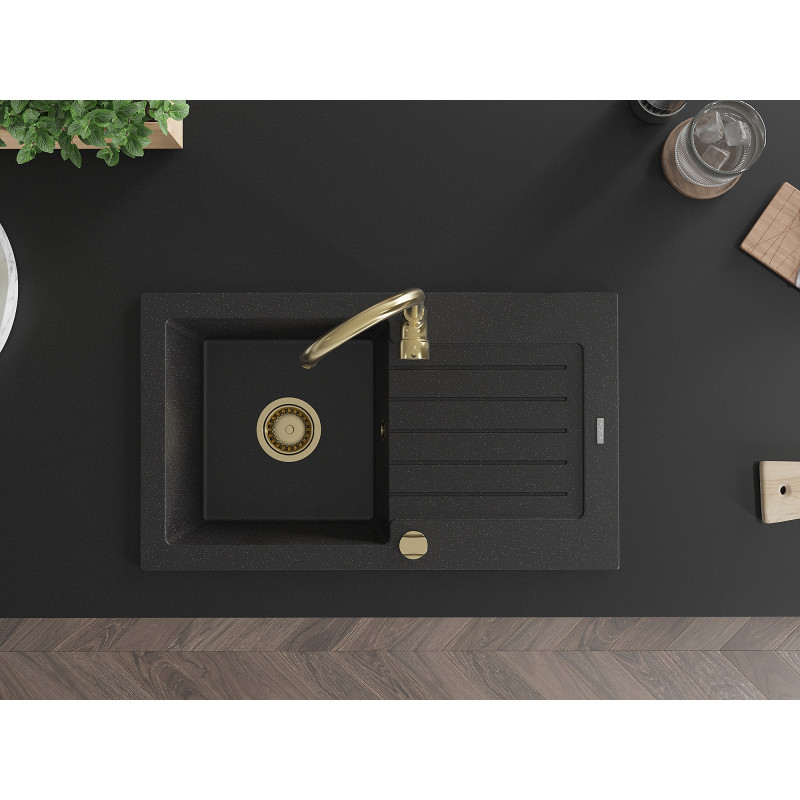 Mexen Pablo granitische spoelbak met 1 bak en afdruiprek 752 x 436 mm, zwart/zilveren metallic, gouden sifon - 6510751010-73-G