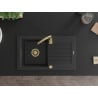Mexen Pablo évier de cuisine en granit 1 bac avec égouttoir 752 x 436 mm, noir/argent métallique, siphon doré