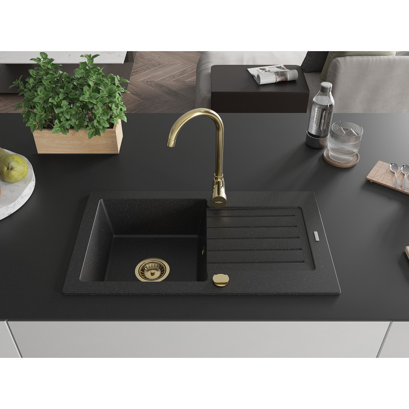 Mexen Pablo granitische spoelbak met 1 bak en afdruiprek 752 x 436 mm, zwart/zilveren metallic, gouden sifon - 6510751010-73-G