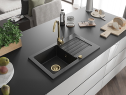 Mexen Pablo fregadero de granito de 1 seno con escurridor 752 x 436 mm, negro/plateado metálico, sifón dorado