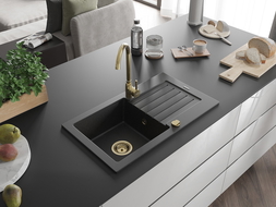 Mexen Pablo Granitspüle 1-Becken mit Abtropffläche 752 x 436 mm, Schwarz/Silber Metallic, Goldener Siphon - 6510751010-73-G