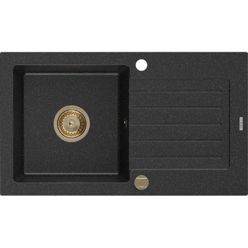 Mexen Pablo Évier de cuisine en granit 1 bac avec égouttoir 752 x 436 mm, noir/métallisé argent, siphon doré