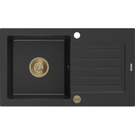 Mexen Pablo 1-bowl granite sink with drainer 752 x 436 mm, black/silver metallic, gold siphon - 6510751010-73-G