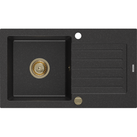 Mexen Pablo granitische spoelbak met 1 bak en afdruiprek 752 x 436 mm, zwart/zilveren metallic, gouden sifon - 6510751010-73-G
