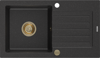 Mexen Pablo granieten gootsteen 1-komor met afdruiprek 752 x 436 mm, zwart/zilveren metallic, gouden sifon - 6510751010-73-G