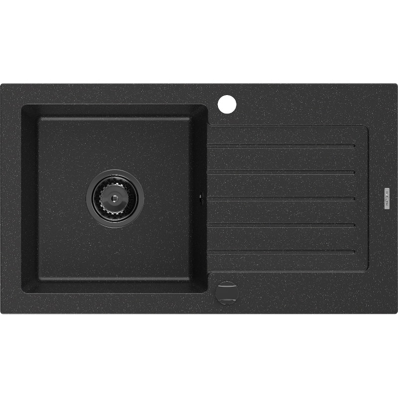 Mexen Pablo granieten spoelbak 1-komers met afdruiprek 752 x 436 mm, zwart/zilveren metallic, zwarte sifon - 6510751010-73-B