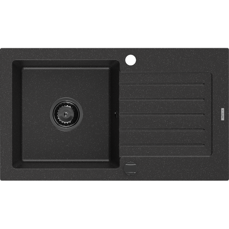 Mexen Pablo Granit Spullbak, eenzel Käer mat Drainboard 752 x 436 mm, schwaarz/sëlwerg Metalik, schwaarz Siphon