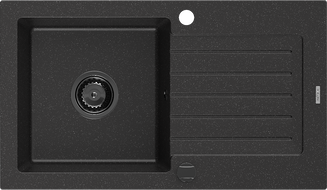 Mexen Pablo Granit Spullbak, eenzel Käer mat Drainboard 752 x 436 mm, schwaarz/sëlwerg Metalik, schwaarz Siphon