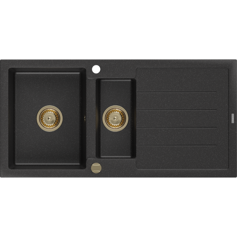 Mexen Andres Granitspüle 1,5-Becken mit Abtropffläche 1000 x 500 mm Schwarz/Silber Metallic, Siphon Gold - 6515101510-73-G