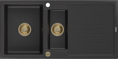 Mexen Andres Granitspüle 1,5-Becken mit Abtropffläche 1000 x 500 mm Schwarz/Silber Metallic, Siphon Gold - 6515101510-73-G