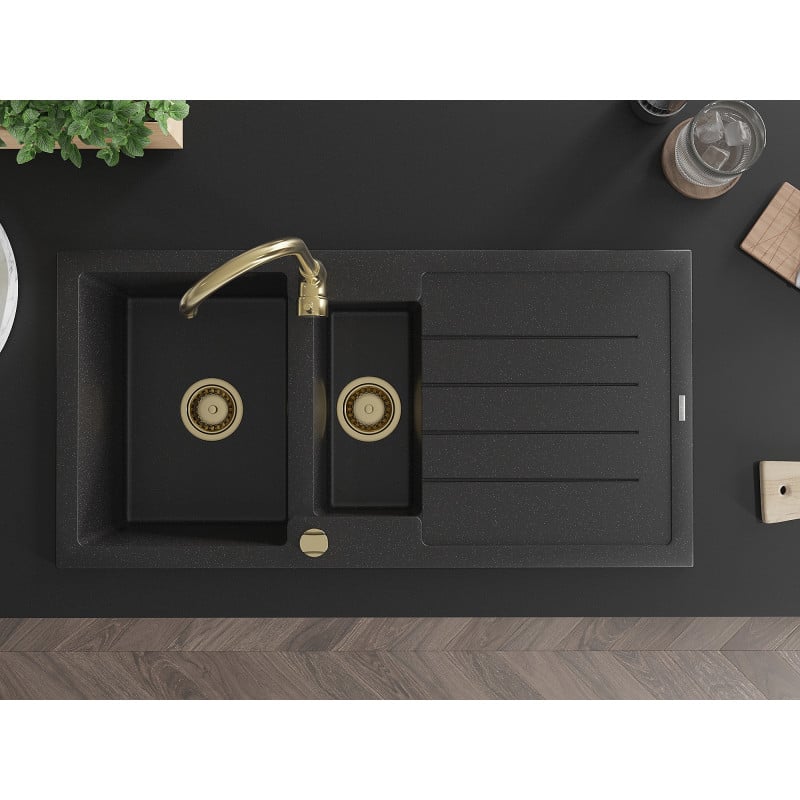 Mexen Andres Granitspüle 1,5-Becken mit Abtropffläche 1000 x 500 mm Schwarz/Silber Metallic, Siphon Gold - 6515101510-73-G