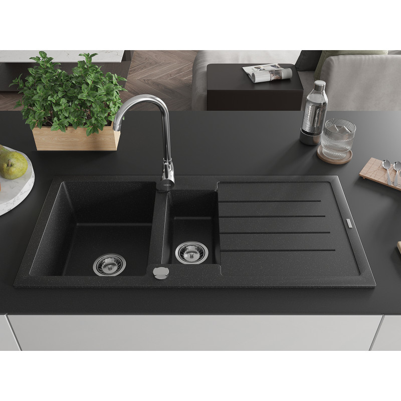 Mexen Andres évier en granit 1,5 bac avec égouttoir 1000 x 500 mm, noir/argent métallique, siphon chromé - 6515101510-73