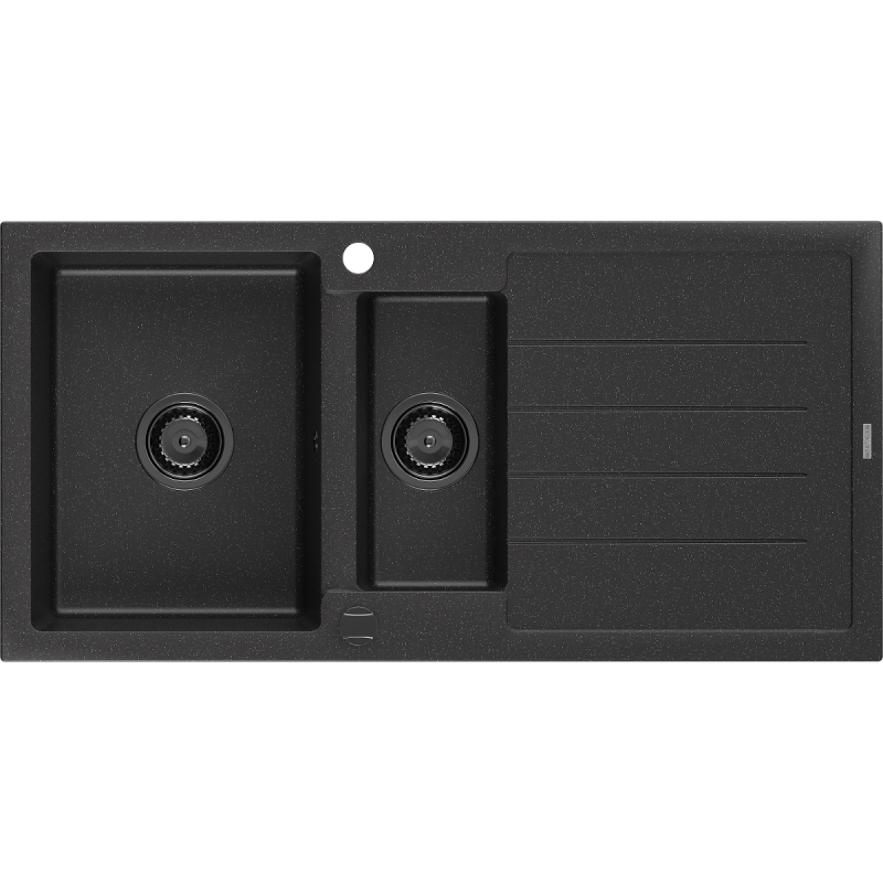 Mexen Andres lavello in granito 1,5 vasche con gocciolatoio 1000 x 500 mm nero/metallo argento sifone nero - 6515101510-73-B