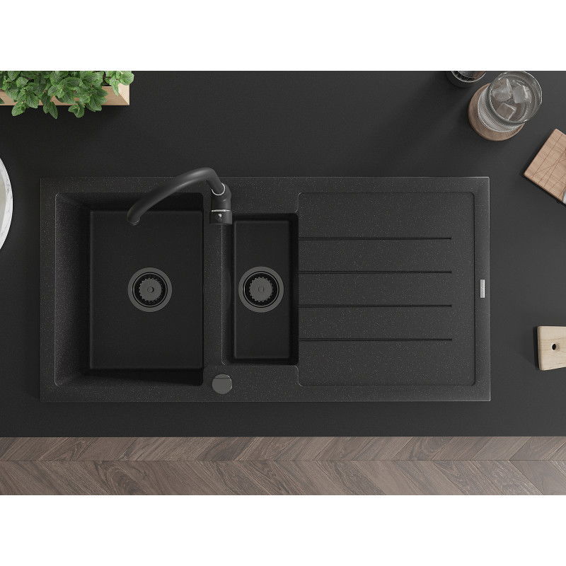 Mexen Andres granitno pomivalno korito 1,5-prekatno z odcejalnikom 1000 x 500 mm črno/srebrni metalik črn sifon