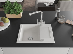 Mexen Enzo granite single-bowl sink with drainer and Duero kitchen faucet, white - 6506-20-671600-00