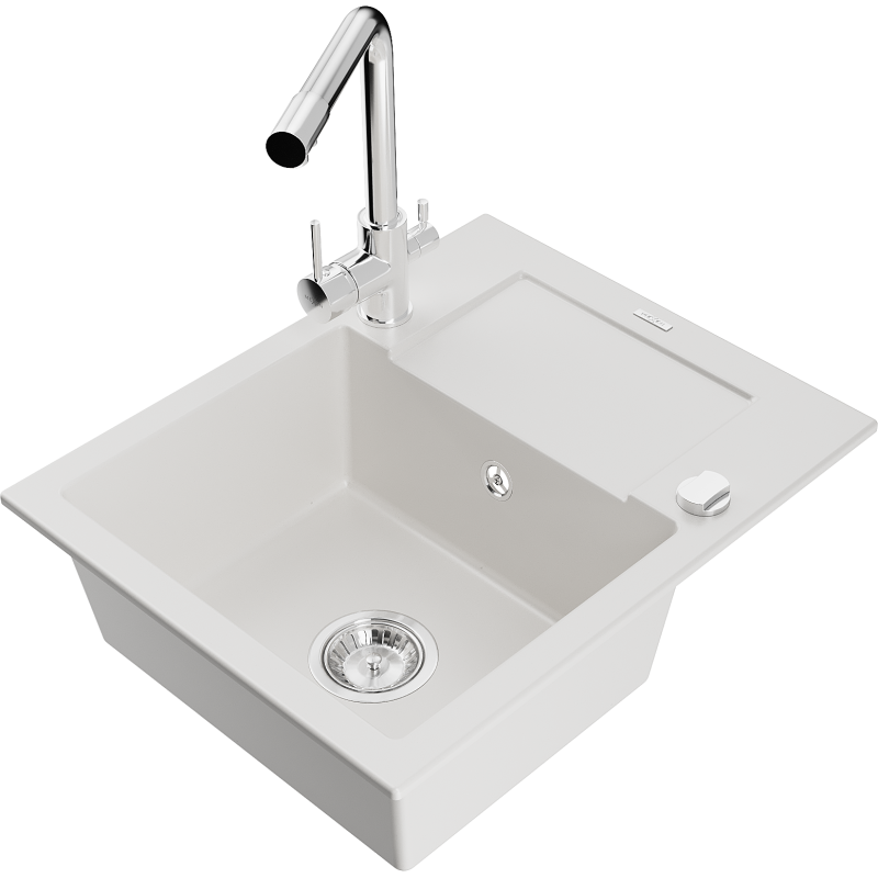 Mexen Enzo granite sink 1-bowl with drainer and Duero kitchen tap, white - 6506-20-671600-00