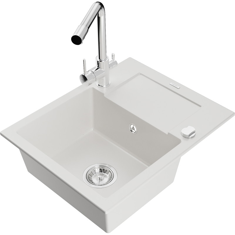 Mexen Enzo lavello in granito a 1 vasca con scolapiatti e rubinetto da cucina Duero, bianco - 6506-20-671600-00