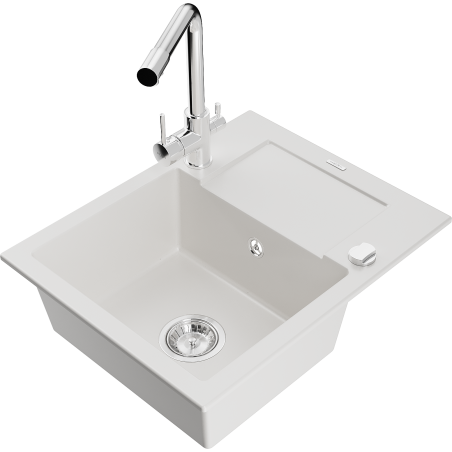 Mexen Enzo granite sink 1-bowl with drainer and Duero kitchen tap, white - 6506-20-671600-00