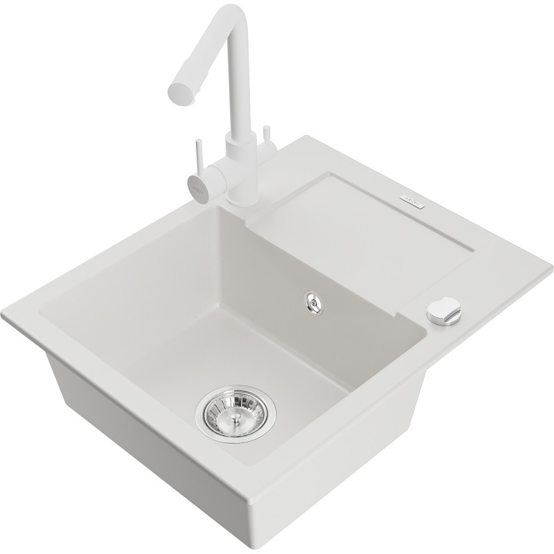 Mexen Enzo fregadero de granito con 1 compartimento, escurridor y grifo de cocina Duero, blanco - 6506-20-671600-20