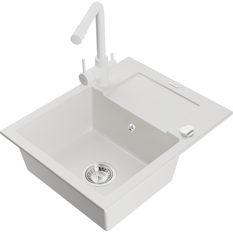 Mexen Enzo granite sink 1-bowl with drainer and Duero kitchen tap, white - 6506-20-671600-20