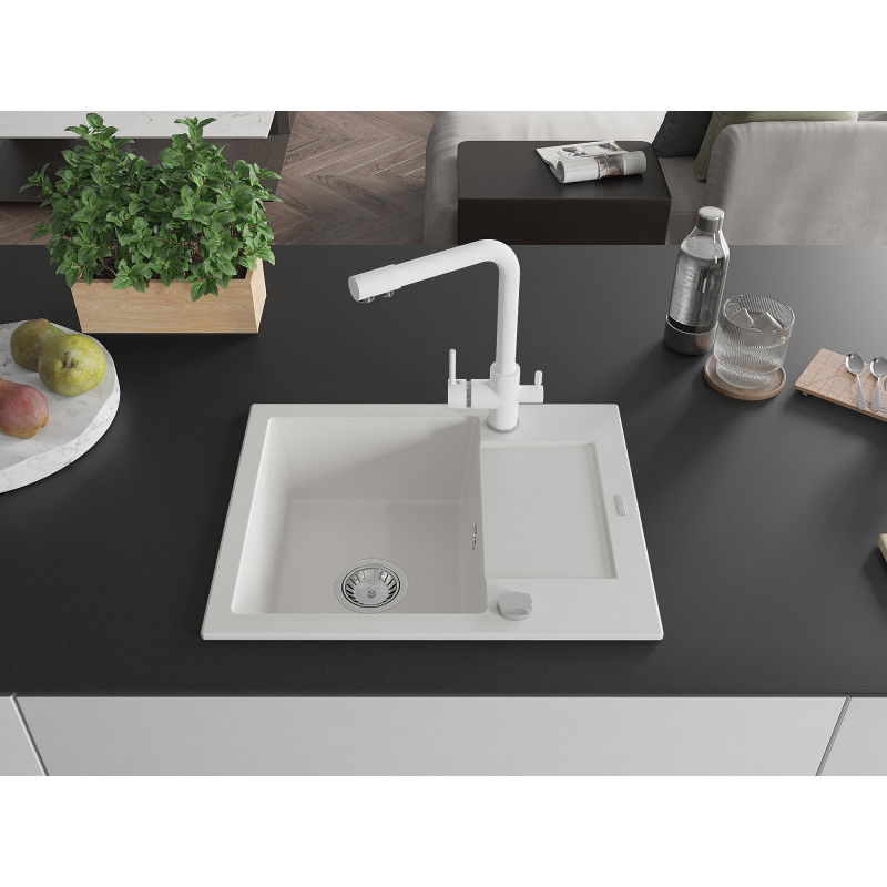 Mexen Enzo granite sink 1-bowl with drainer and Duero kitchen tap, white - 6506-20-671600-20
