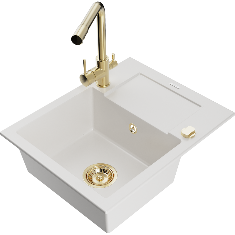 Mexen Enzo fregadero de granito de 1 cuenca con escurridor y grifo de cocina Duero, blanco - 6506-20-671600-50