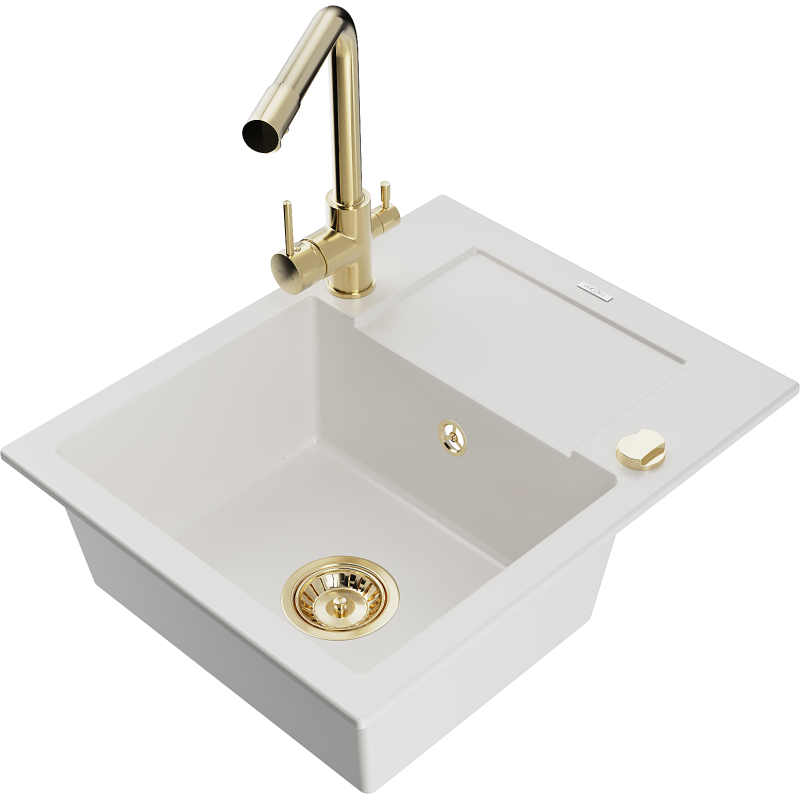 Mexen Enzo granieten keukenmengkraan met één wasbak en afdruipplaat, wit - 6506-20-671600-50