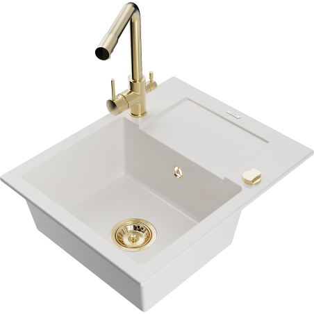 Mexen Enzo fregadero de granito de 1 cuenca con escurridor y grifo de cocina Duero, blanco - 6506-20-671600-50