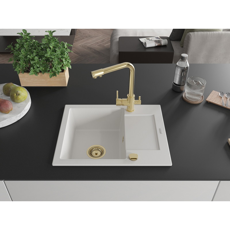 Mexen Enzo fregadero de granito 1 cubeta con escurridor y grifo de cocina Duero, blanco - 6506-20-671600-50
