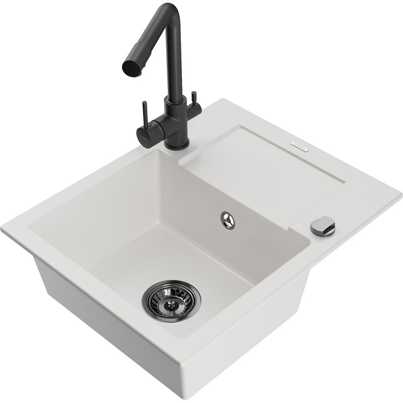 Mexen Enzo fregadero de granito de 1 tazón con escurridor y grifo de cocina Duero, blanco - 6506-20-671600-70