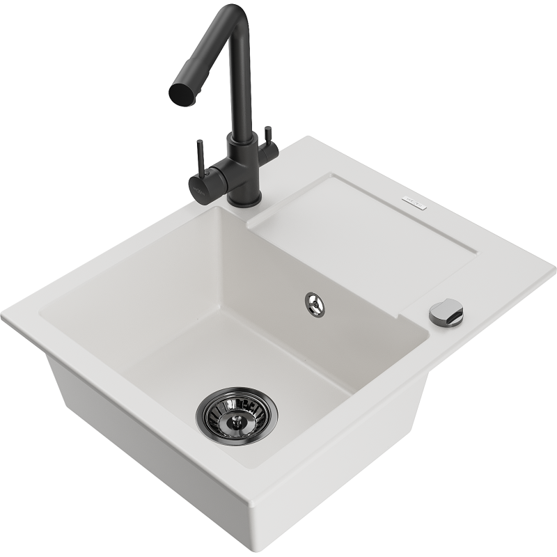 Mexen Enzo granieten gootsteen met 1 bak en afdruiprek met keukenmengkraan Duero, wit - 6506-20-671600-70