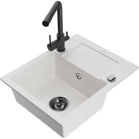 Mexen Enzo fregadero de granito de 1 seno con escurridor y grifo de cocina Duero, blanco - 6506-20-671600-70