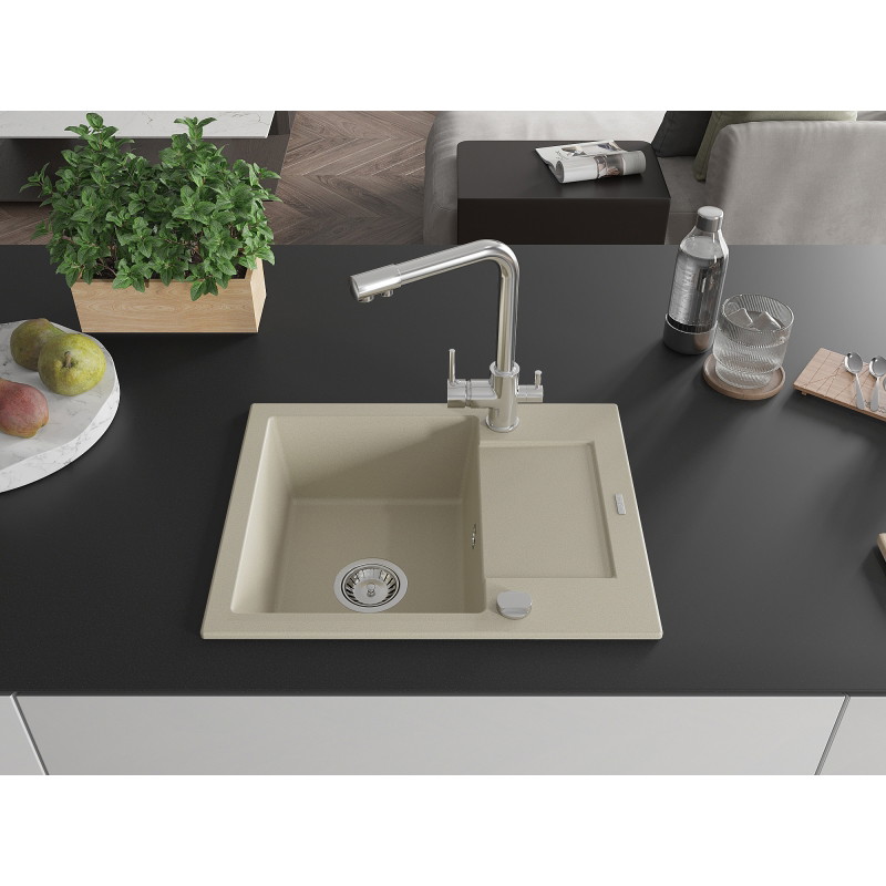 Mexen Enzo Granitspüle 1-Becken mit Abtropffläche und Küchenarmatur Duero, beige - 6506-69-671600-00