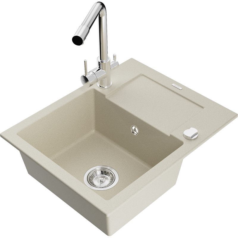 Mexen Enzo fregadero de granito de 1 seno con escurridor y grifo de cocina Duero, beige - 6506-69-671600-00