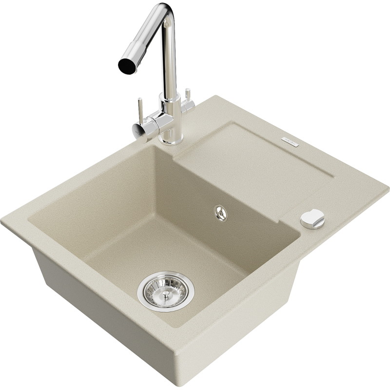 Mexen Enzo granieten spoelbak met 1 bak, afdruipgedeelte en keukenmengkraan Duero, beige - 6506-69-671600-00
