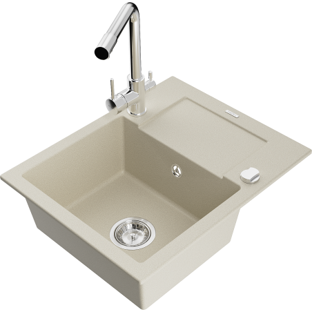 Mexen Enzo évier en granit 1 bac avec égouttoir et robinet de cuisine Duero, beige - 6506-69-671600-00