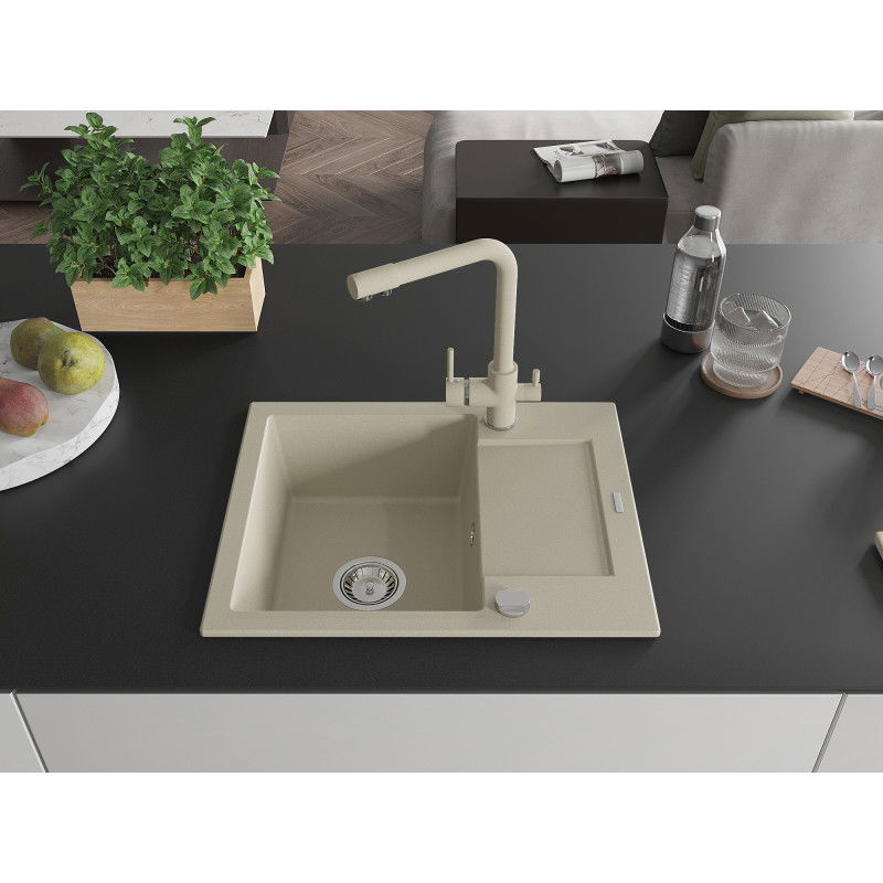 Mexen Enzo 1-Bowl Granite Sink with Drainer and Duero Kitchen Tap, Beige - 6506-69-671600-69