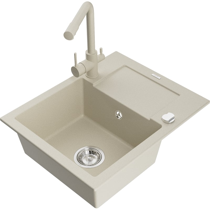 Mexen Enzo évier en granit 1 bac avec égouttoir et robinet de cuisine Duero, beige - 6506-69-671600-69