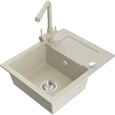 Mexen Enzo granieten gootsteen 1-komorige met afdruiprek en keukenmengkraan Duero, beige - 6506-69-671600-69